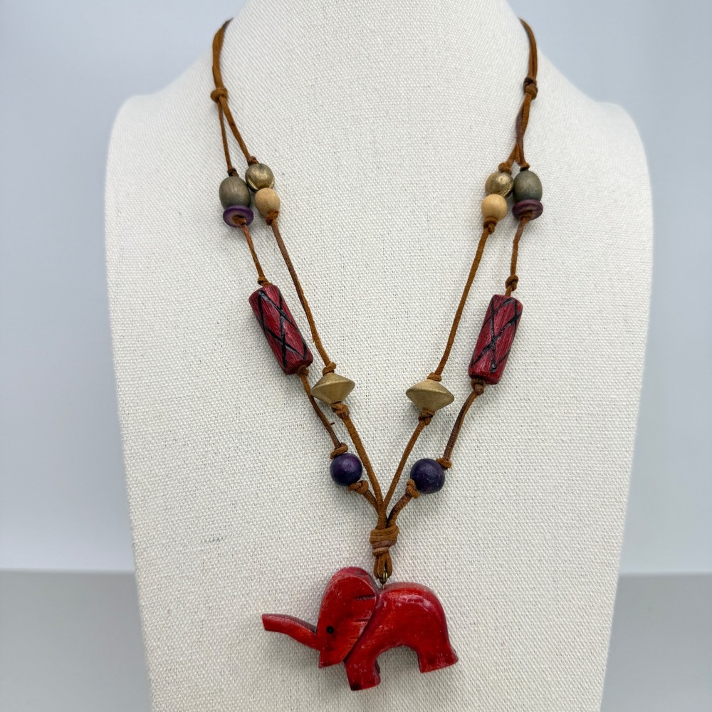 Red Carved Wood Elephant Pendant Necklace Adjustable Cord Beaded